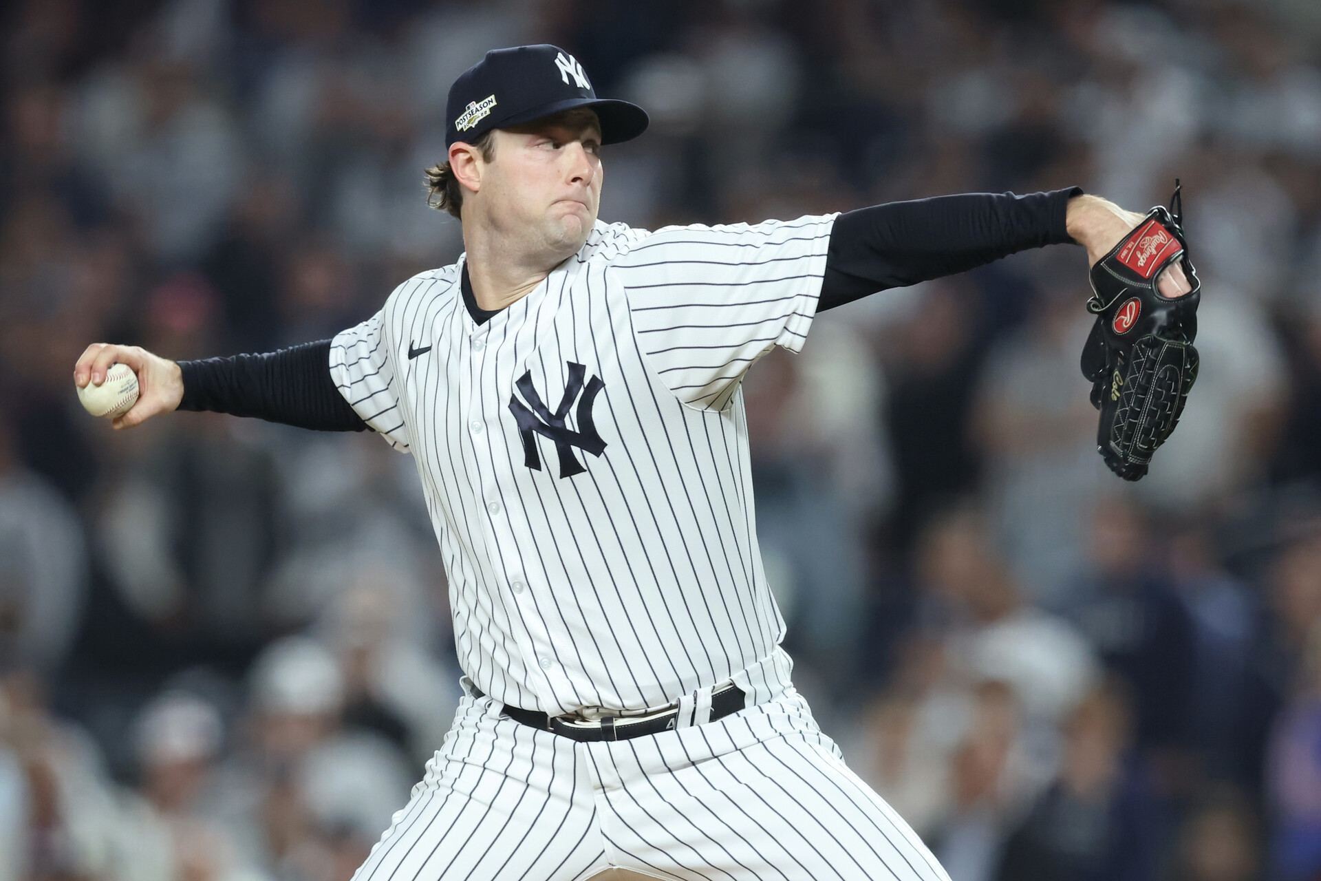 Oct 11, 2022; Bronx, New York, USA; New York Yankees starting pitcher Gerrit Cole (45) throws a pitch during the first inning in game one of the ALDS against the Cleveland Guardians for the 2022 MLB Playoffs at Yankee Stadium.