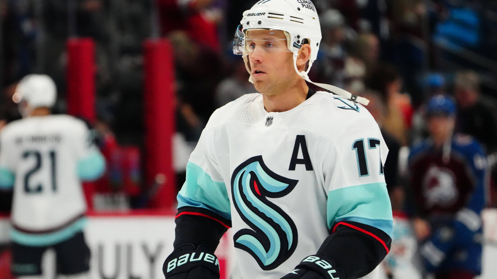 Oct 21, 2022; Denver, Colorado, USA; Seattle Kraken center Jaden Schwartz (17) before the game against the Colorado Avalanche at Ball Arena.