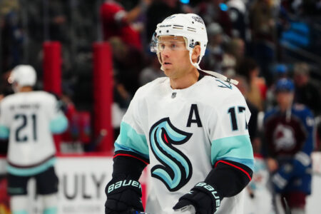 Oct 21, 2022; Denver, Colorado, USA; Seattle Kraken center Jaden Schwartz (17) before the game against the Colorado Avalanche at Ball Arena.
