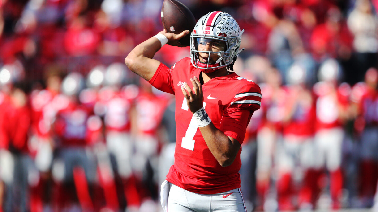 Oct 22, 2022; Columbus, Ohio, USA; Ohio State Buckeyes quarterback C.J. Stroud (7) throws during the third quarter against the Iowa Hawkeyes at Ohio Stadium.