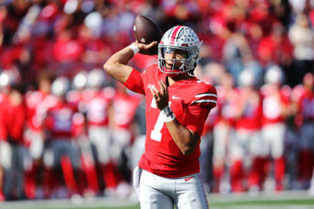 Oct 22, 2022; Columbus, Ohio, USA; Ohio State Buckeyes quarterback C.J. Stroud (7) throws during the third quarter against the Iowa Hawkeyes at Ohio Stadium.