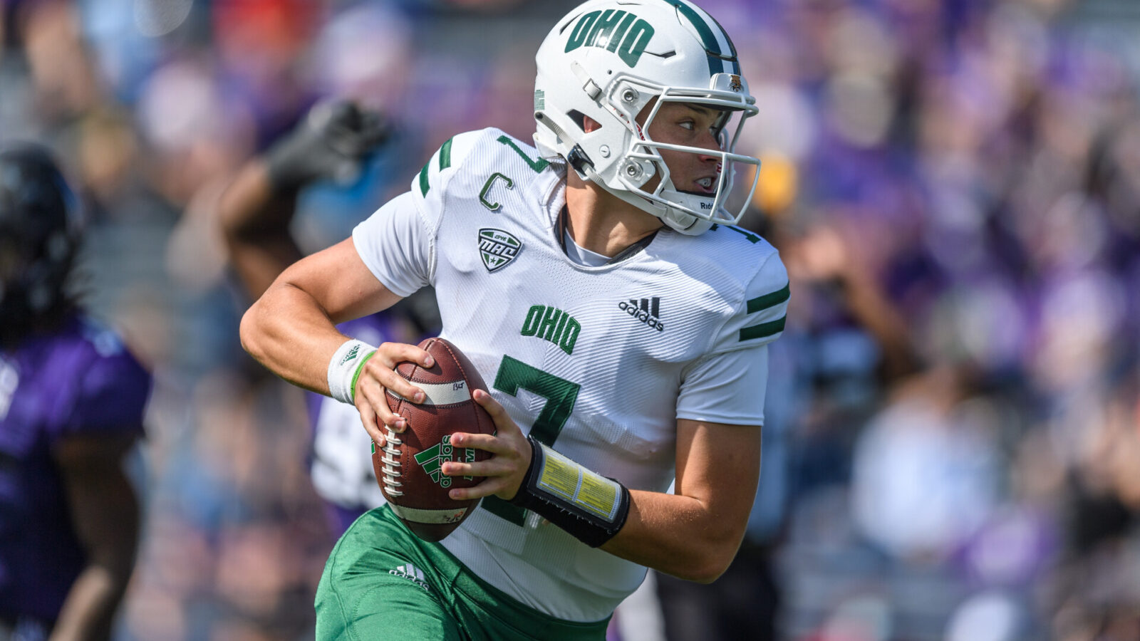 Ohio Bobcats quarterback Kurtis Rourke (7) scrambles right in the 2nd quarter during a college football game between the Ohio Bobcats and the Northwestern Wildcats on September 25, 2021, at Ryan Field in Evanston, IL.