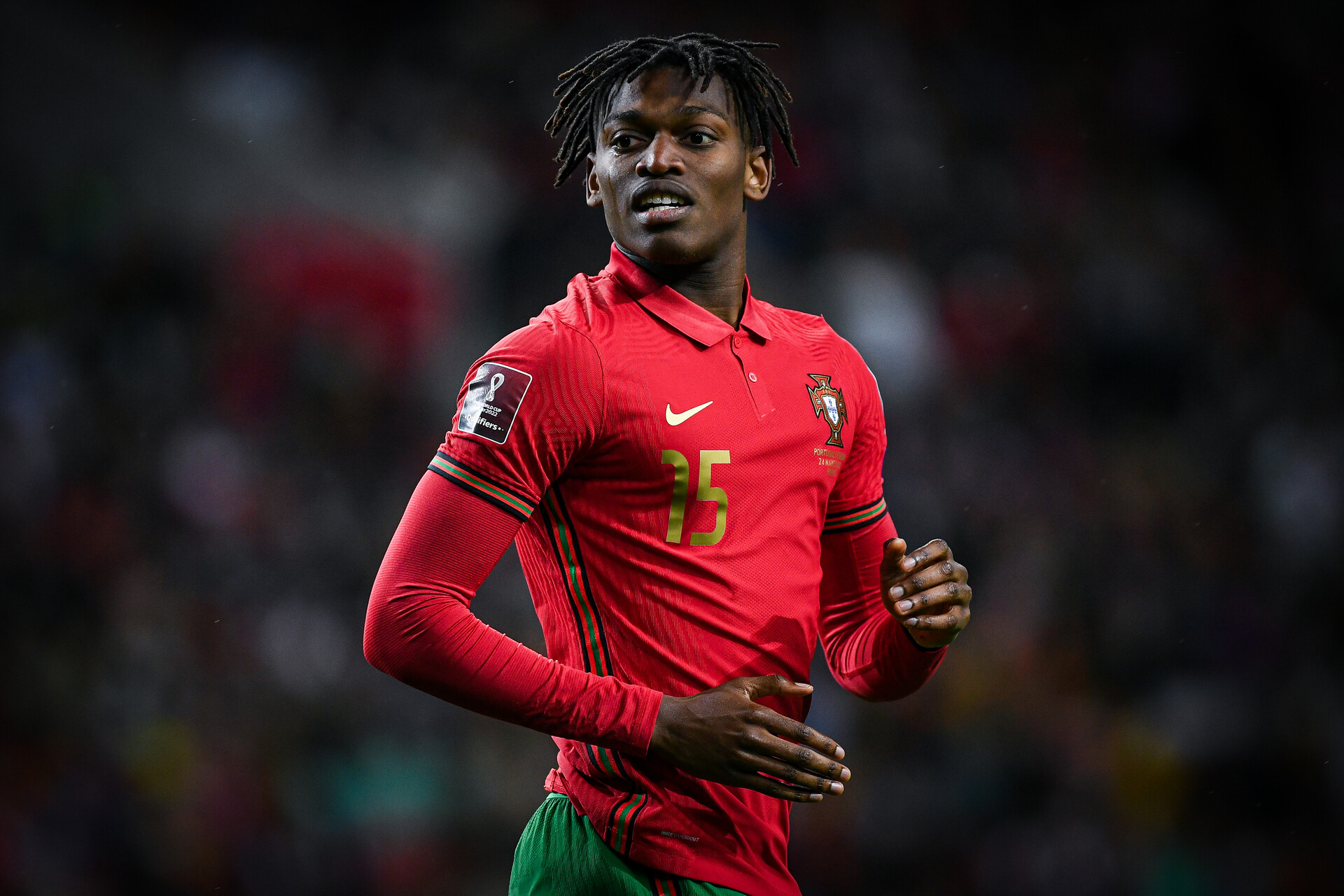 Rafael Leão of Portugal in action during the 2022 FIFA World Cup Qualifier knockout round play-off match between Portugal and Turkey at Estadio do Dragao on March 24, 2022 in Porto, Porto.
