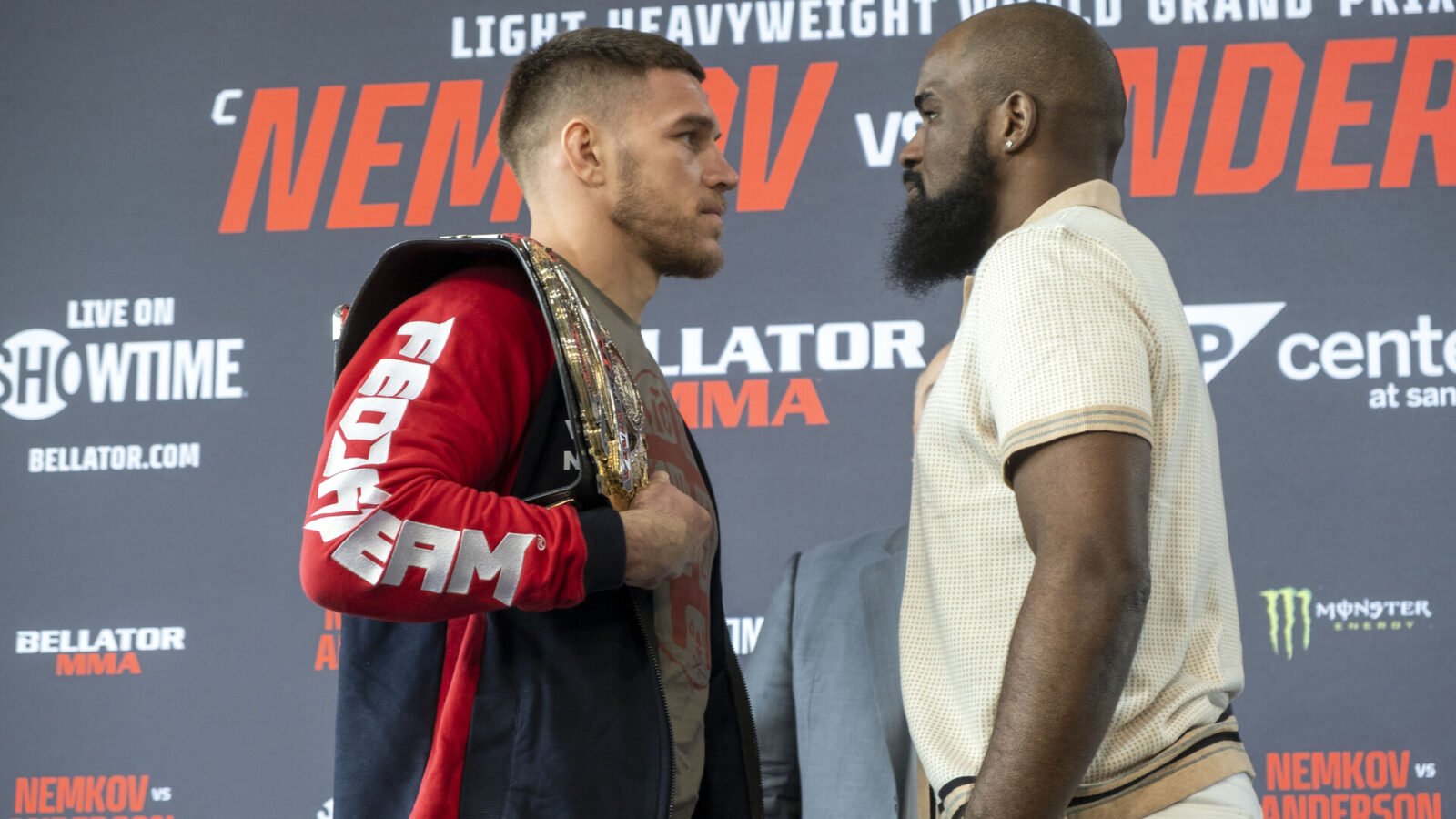 Bellator Light Heavyweight Champion Vadim Nemkov and opponent Corey Anderson square off during a press conference for Bellator 277 at the Grammy Museum at LA Live in Los Angeles, Monday April 11, 2022.