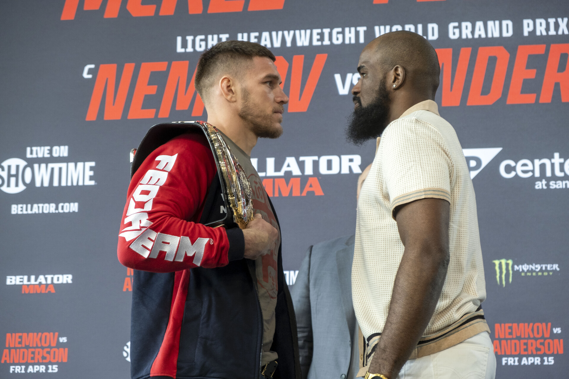Bellator Light Heavyweight Champion Vadim Nemkov and opponent Corey Anderson square off during a press conference for Bellator 277 at the Grammy Museum at LA Live in Los Angeles, Monday April 11, 2022.