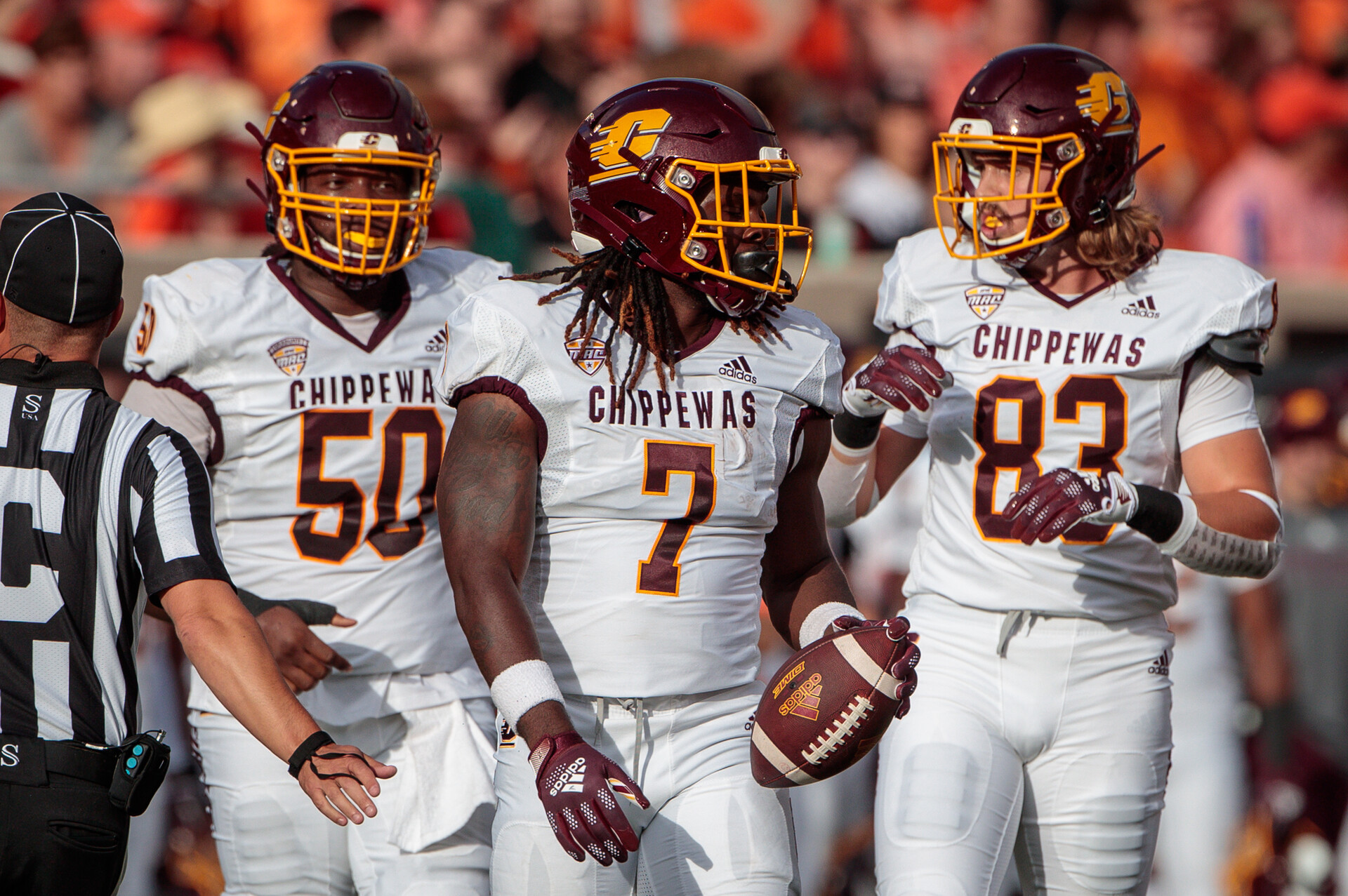 Central Michigan Chippewas running back Lew Nichols III (7) walks to the huddle during the game against the Central Michigan Chippewas on September 1st, 2022 at Boone Pickens Stadium in Stillwater, Oklahoma.
