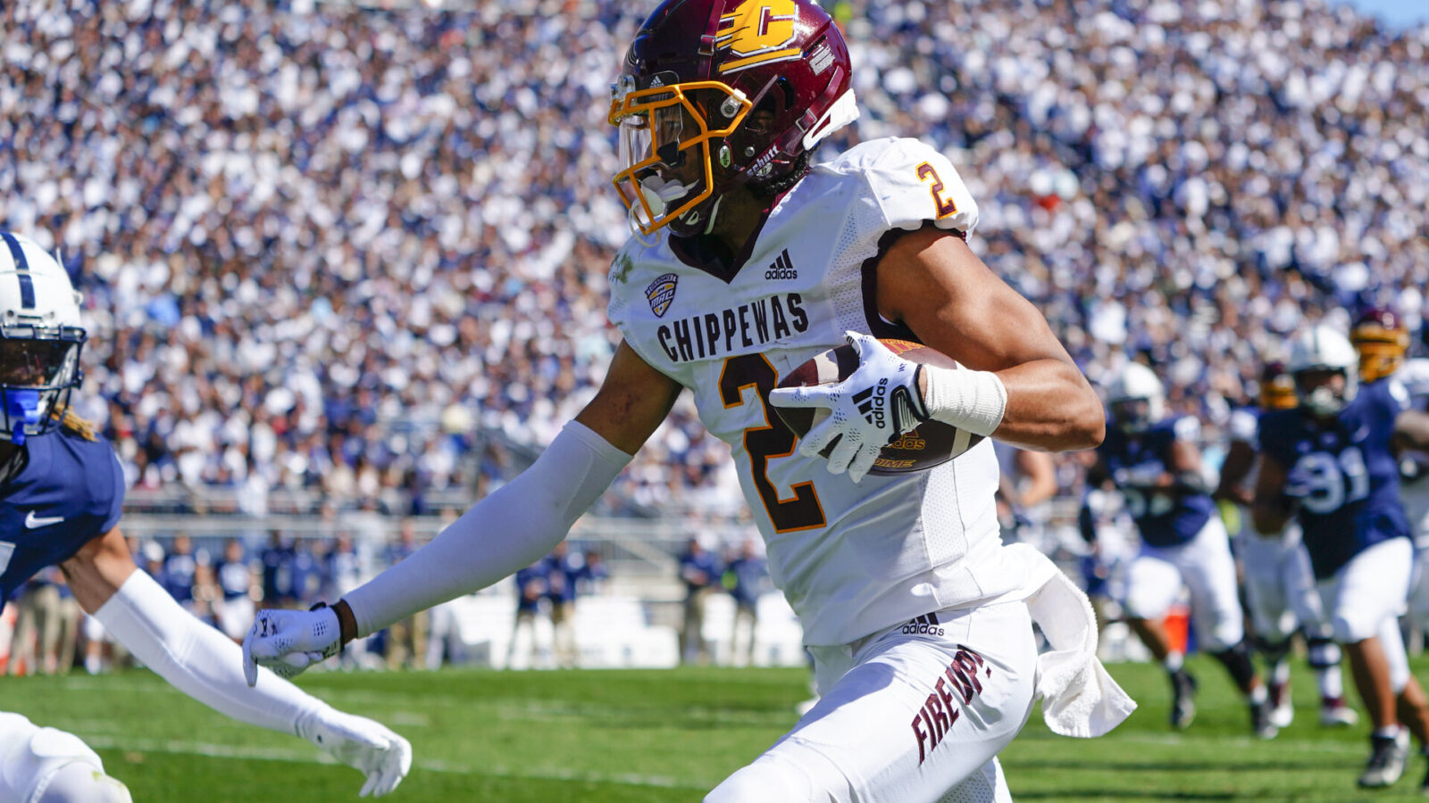 Central Michigan Chippewas Wide Receiver Caroles Carriere (2) runs with the ball during the first half of the college football game between the Central Michigan Chippewas and the Penn State Nittany Lions on September 24,2022, at Beaver Stadium in University Park, PA.