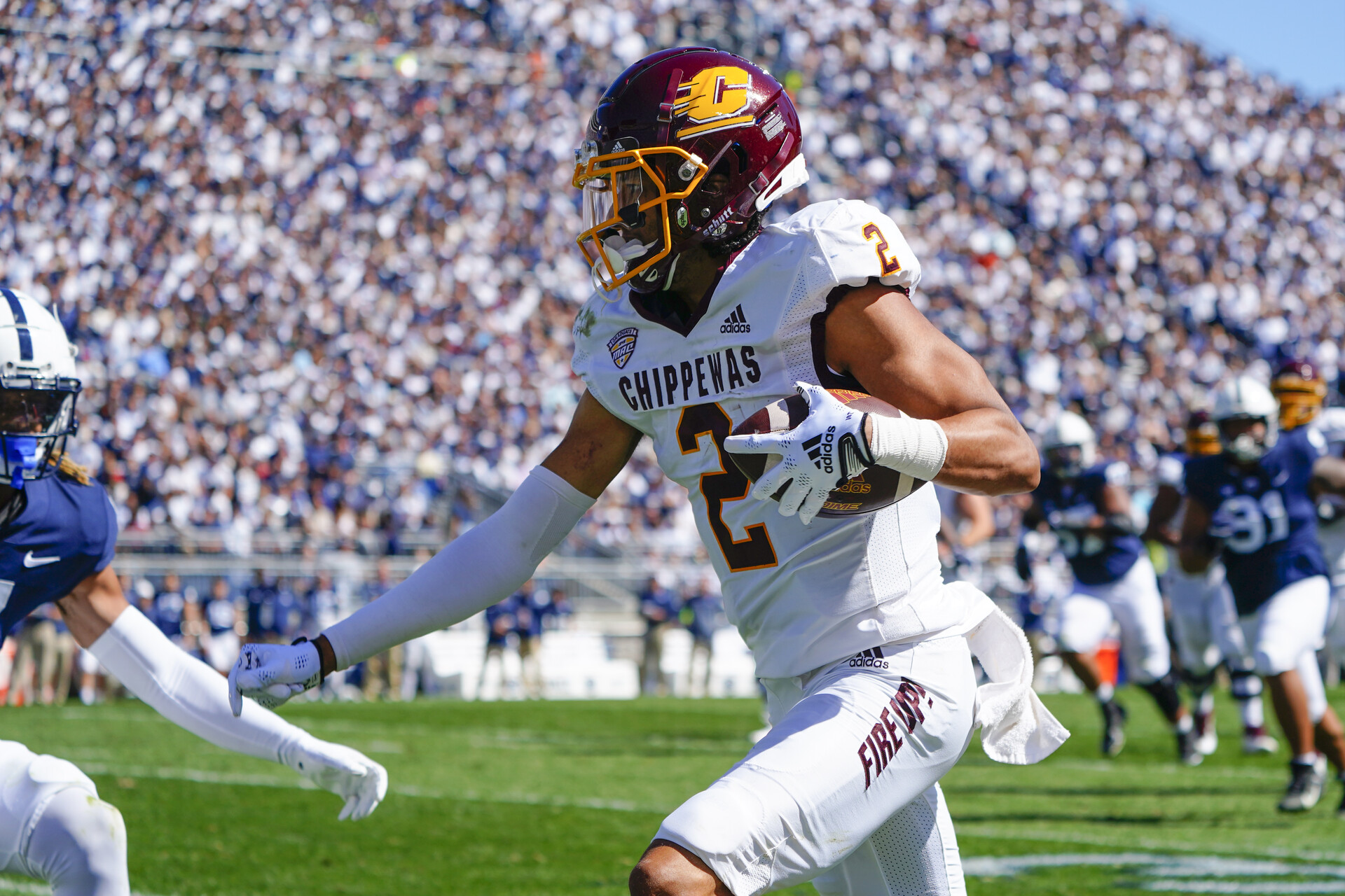 Central Michigan Chippewas Wide Receiver Caroles Carriere (2) runs with the ball during the first half of the college football game between the Central Michigan Chippewas and the Penn State Nittany Lions on September 24,2022, at Beaver Stadium in University Park, PA.