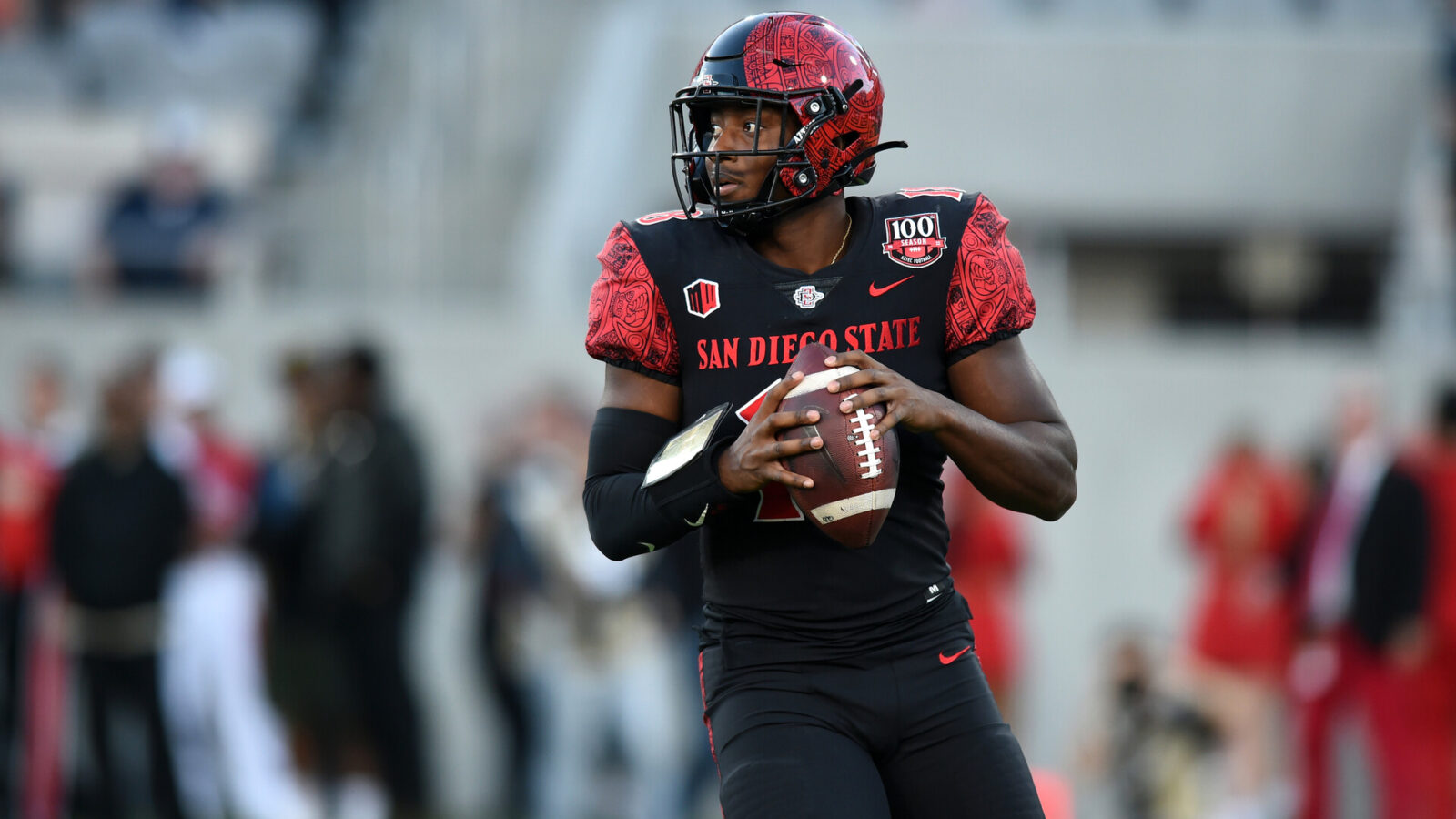 San Diego State Aztecs quarterback Jalen Mayden (18) drops back to pass during a college football game between the UNLV Rebels and the San Diego State Aztecs on November 05, 2022, at Snapdragon Stadium in San Diego, CA.