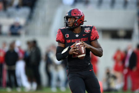 San Diego State Aztecs quarterback Jalen Mayden (18) drops back to pass during a college football game between the UNLV Rebels and the San Diego State Aztecs on November 05, 2022, at Snapdragon Stadium in San Diego, CA.