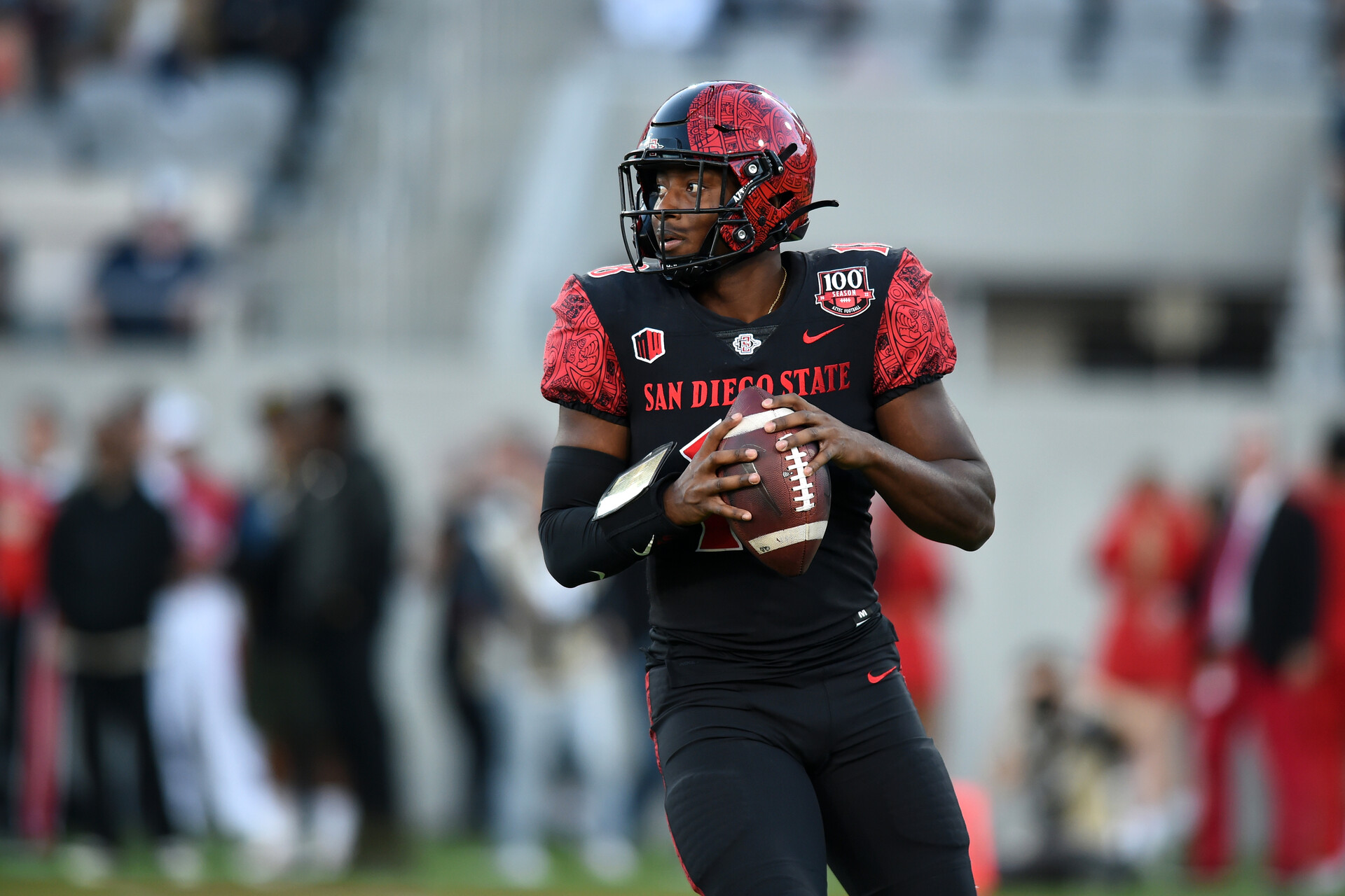 San Diego State Aztecs quarterback Jalen Mayden (18) drops back to pass during a college football game between the UNLV Rebels and the San Diego State Aztecs on November 05, 2022, at Snapdragon Stadium in San Diego, CA.