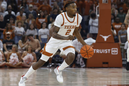 Texas Longhorns guard Arterio Morris drives to the hoop during game against the Houston Baptist Huskies at the Moody Center in Austin, TX on November 10, 2022.