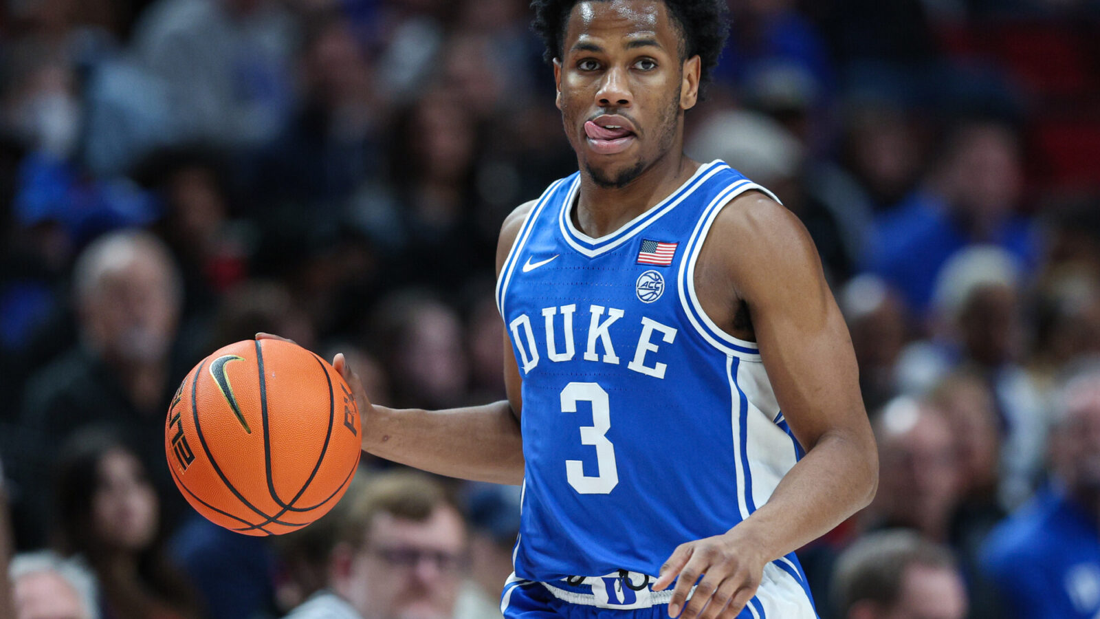 Jeremy Roach #3 of the Duke Blue Devils brings the ball up court during the game against the Xavier Musketeers at Moda Center on November 25, 2022 in Portland, Oregon.