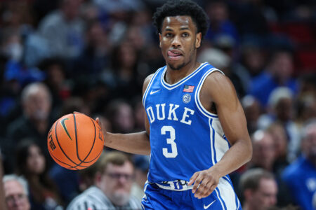 Jeremy Roach #3 of the Duke Blue Devils brings the ball up court during the game against the Xavier Musketeers at Moda Center on November 25, 2022 in Portland, Oregon.