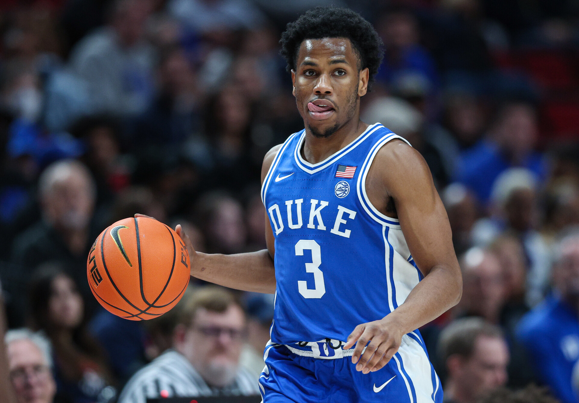Jeremy Roach #3 of the Duke Blue Devils brings the ball up court during the game against the Xavier Musketeers at Moda Center on November 25, 2022 in Portland, Oregon.