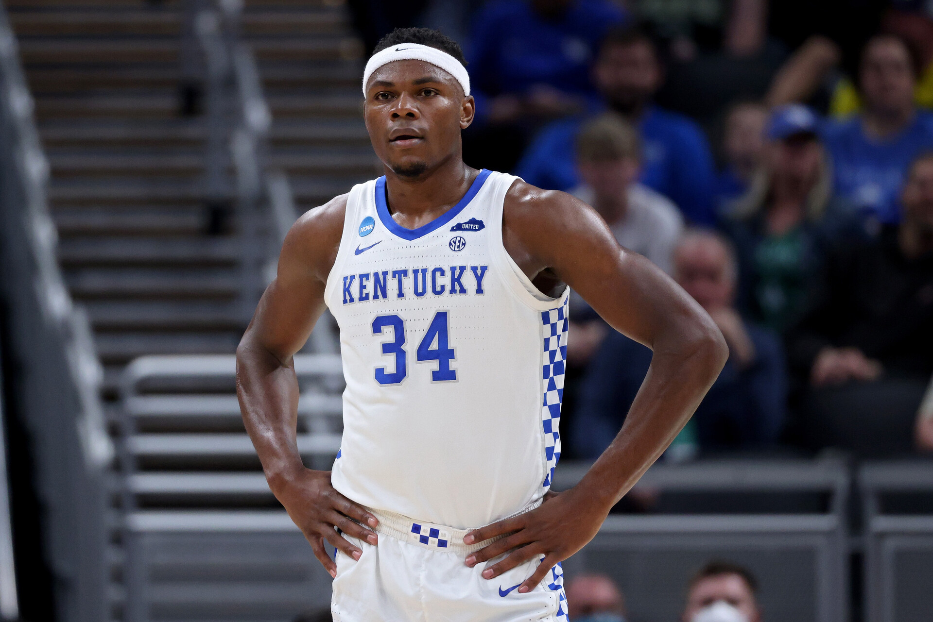 Oscar Tshiebwe #34 of the Kentucky Wildcats looks on in the first half against the Saint Peter's Peacocks during the first round of the 2022 NCAA Men's Basketball Tournament at Gainbridge Fieldhouse on March 17, 2022 in Indianapolis, Indiana.