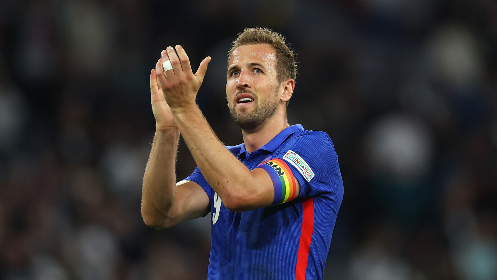 Harry Kane of England applauds the fans after the UEFA Nations League League A Group 3 match between Germany and England at Allianz Arena on June 07, 2022 in Munich, Germany. The German national team will play the match in the Women’s national kit in support of their upcoming UEFA Women’s European Championship campaign.