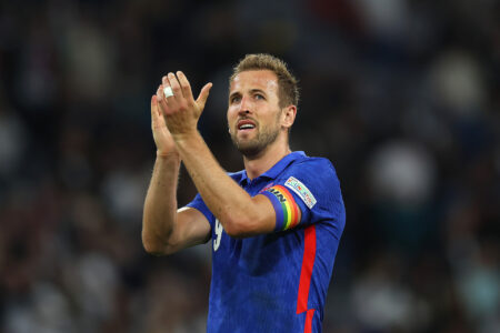 Harry Kane of England applauds the fans after the UEFA Nations League League A Group 3 match between Germany and England at Allianz Arena on June 07, 2022 in Munich, Germany. The German national team will play the match in the Women’s national kit in support of their upcoming UEFA Women’s European Championship campaign.