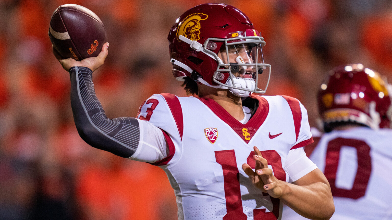 Quarterback Caleb Williams #13 of the USC Trojans looks to pass during the first half against the Oregon State Beavers at Reser Stadium on September 24, 2022 in Corvallis, Oregon.
