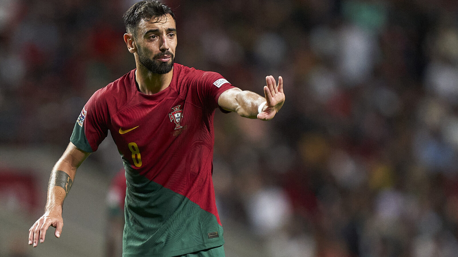 Bruno Fernandes of Portugal reacts during the UEFA Nations League A Group 2 match between Portugal and Spain at Estadio Municipal de Braga on September 27, 2022 in Braga, Portugal.