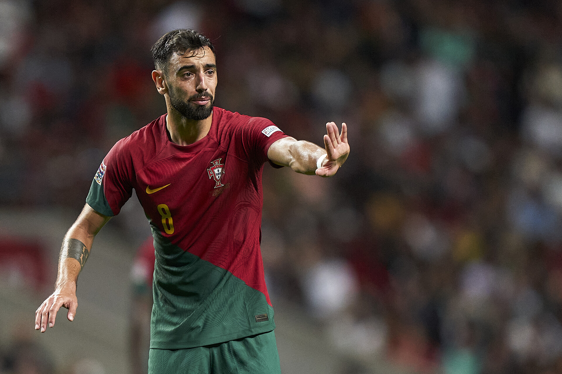Bruno Fernandes of Portugal reacts during the UEFA Nations League A Group 2 match between Portugal and Spain at Estadio Municipal de Braga on September 27, 2022 in Braga, Portugal.