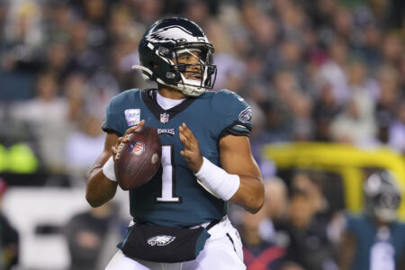 Jalen Hurts #1 of the Philadelphia Eagles looks to pass the ball against the Dallas Cowboys at Lincoln Financial Field on October 16, 2022 in Philadelphia, Pennsylvania.