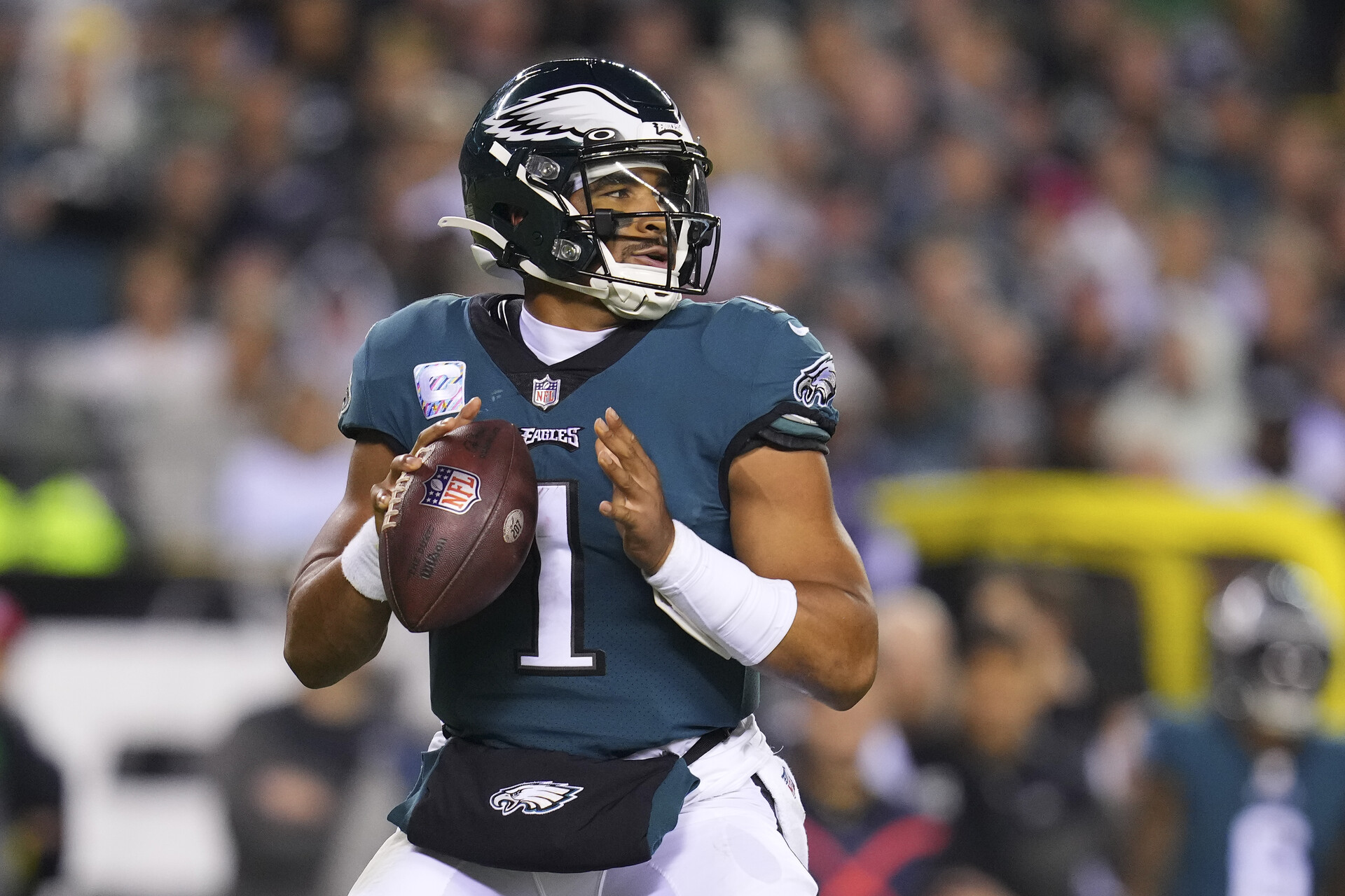 Jalen Hurts #1 of the Philadelphia Eagles looks to pass the ball against the Dallas Cowboys at Lincoln Financial Field on October 16, 2022 in Philadelphia, Pennsylvania.