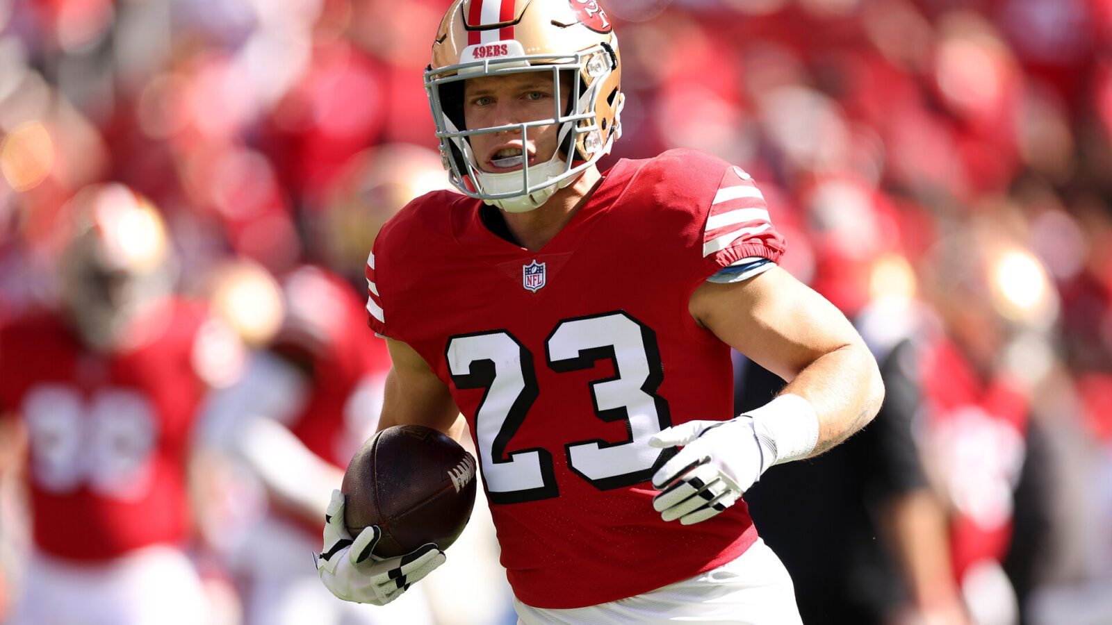 Christian McCaffrey #23 of the San Francisco 49ers warms up prior to the game against the Kansas City Chiefs at Levi's Stadium on October 23, 2022 in Santa Clara, California.
