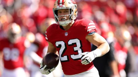 Christian McCaffrey #23 of the San Francisco 49ers warms up prior to the game against the Kansas City Chiefs at Levi's Stadium on October 23, 2022 in Santa Clara, California.