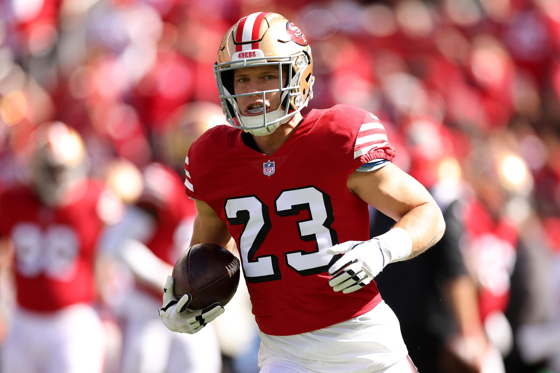 Christian McCaffrey #23 of the San Francisco 49ers warms up prior to the game against the Kansas City Chiefs at Levi's Stadium on October 23, 2022 in Santa Clara, California.