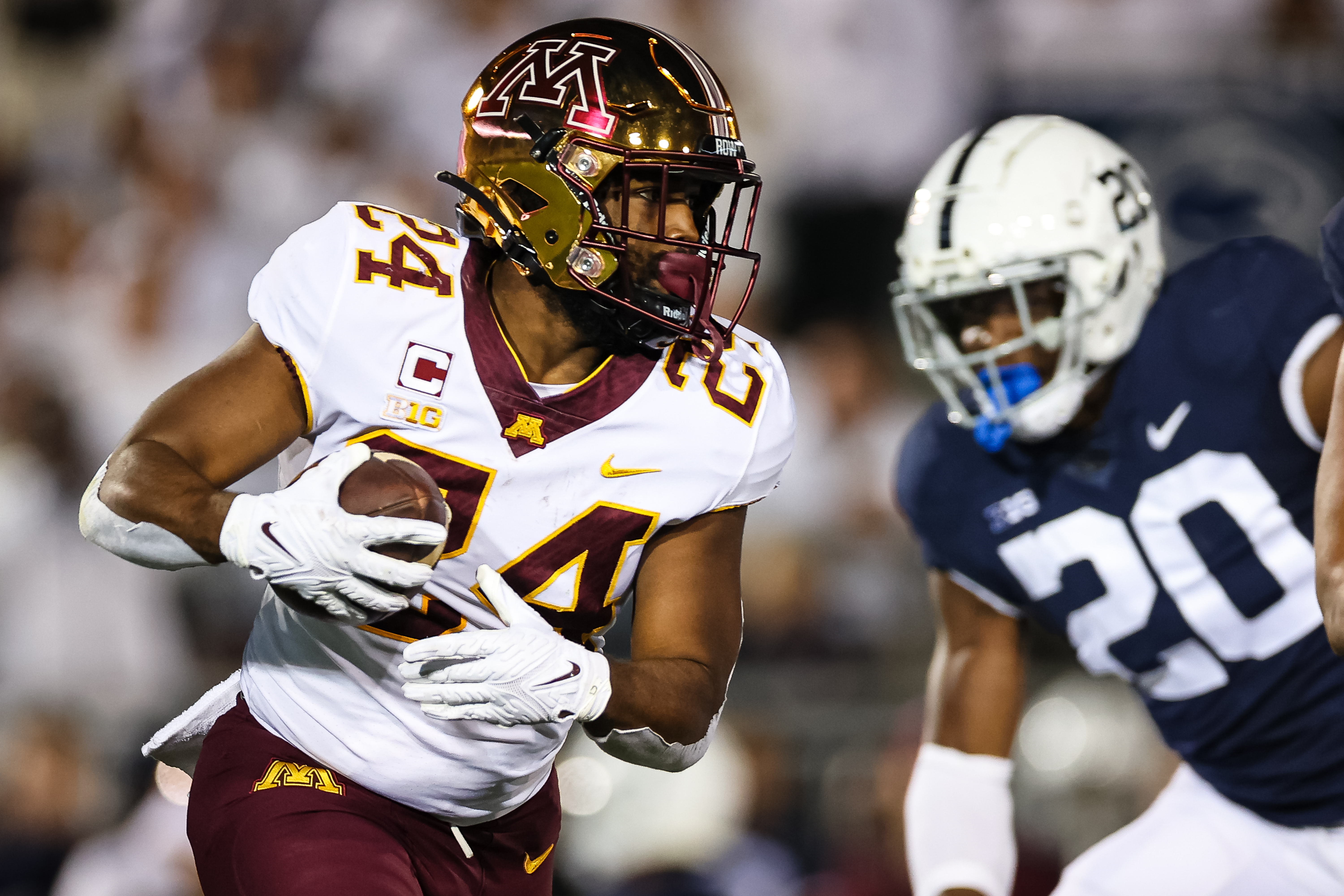 Mohamed Ibrahim #24 of the Minnesota Golden Gophers carries the ball against the Penn State Nittany Lions during the first half at Beaver Stadium on October 22, 2022 in State College, Pennsylvania.