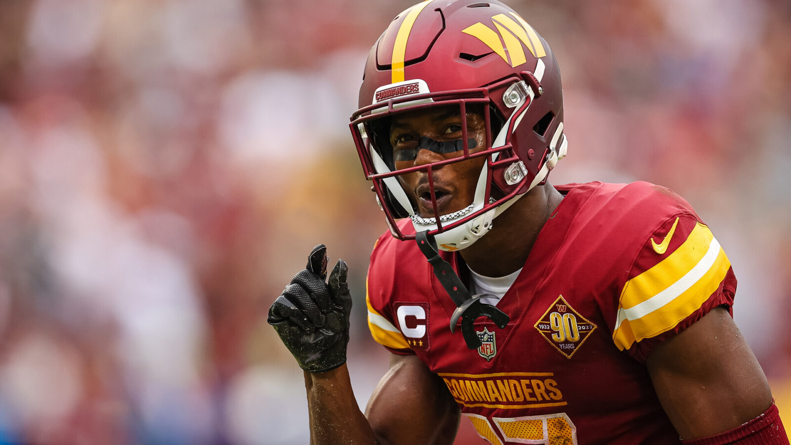 Terry McLaurin #17 of the Washington Commanders reacts after coming up just short of the first down line against the Green Bay Packers during the second half of the game at FedExField on October 23, 2022 in Landover, Maryland.