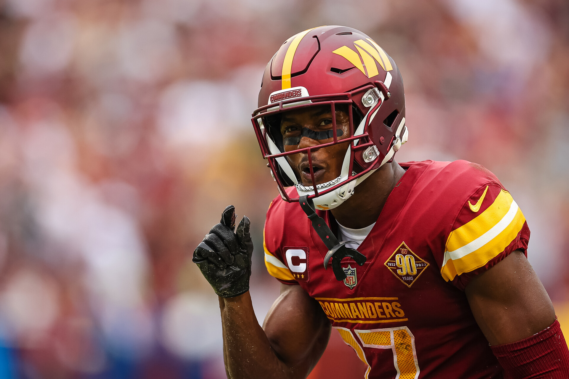 Terry McLaurin #17 of the Washington Commanders reacts after coming up just short of the first down line against the Green Bay Packers during the second half of the game at FedExField on October 23, 2022 in Landover, Maryland.