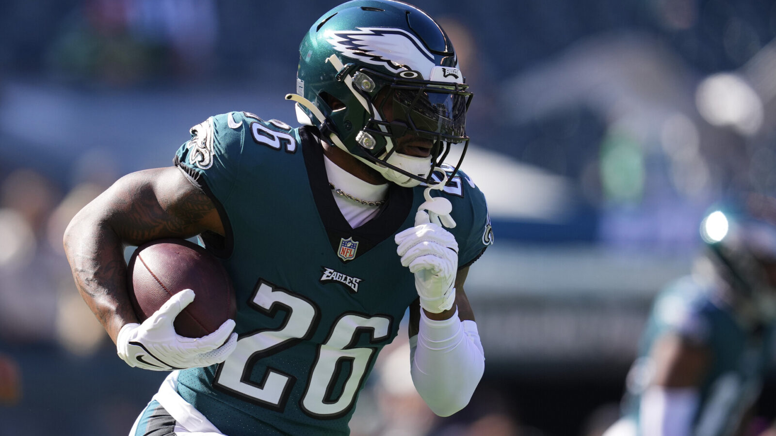 Miles Sanders #26 of the Philadelphia Eagles warms up prior to the game against the Pittsburgh Steelers at Lincoln Financial Field on October 30, 2022 in Philadelphia, Pennsylvania.