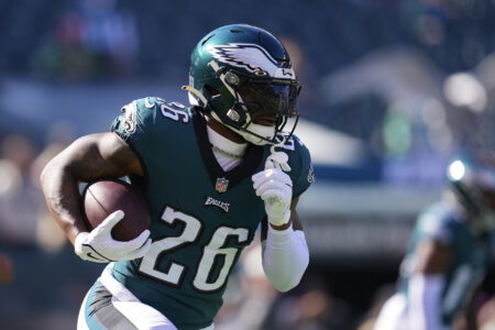 Miles Sanders #26 of the Philadelphia Eagles warms up prior to the game against the Pittsburgh Steelers at Lincoln Financial Field on October 30, 2022 in Philadelphia, Pennsylvania.