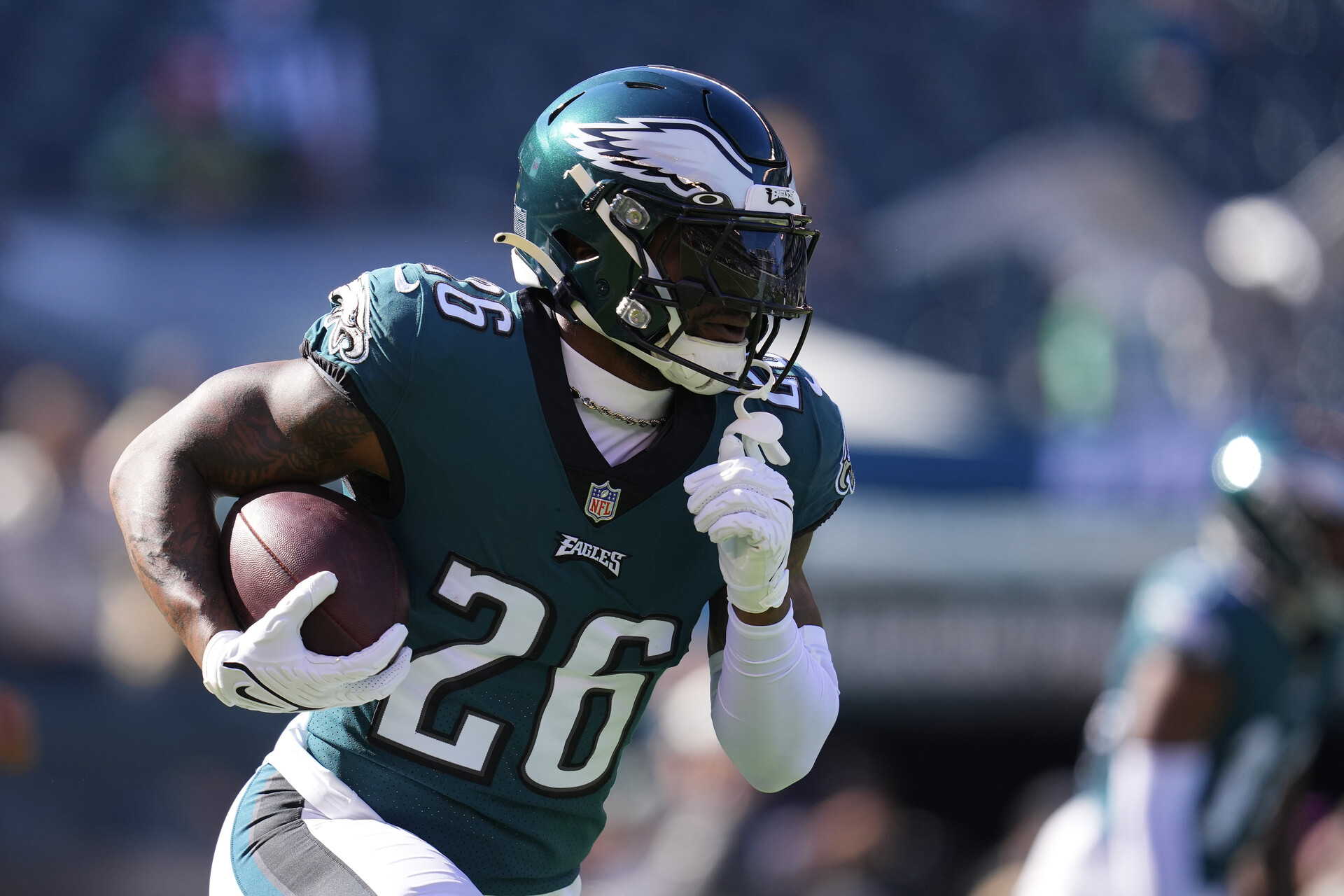 Miles Sanders #26 of the Philadelphia Eagles warms up prior to the game against the Pittsburgh Steelers at Lincoln Financial Field on October 30, 2022 in Philadelphia, Pennsylvania.