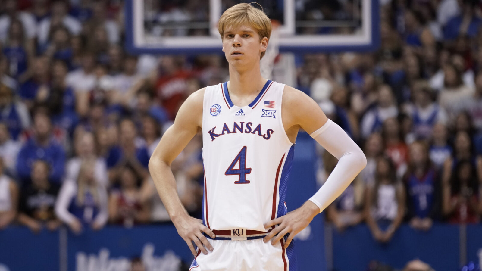 Gradey Dick #4 of the Kansas Jayhawks in action against the Pittsburg State Gorillas during the first half at Allen Fieldhouse on November 03, 2022 in Lawrence, Kansas.