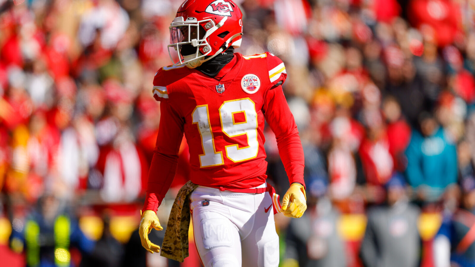 Kadarius Toney #19 of the Kansas City Chiefs lines up for a first quarter plays against the Jacksonville Jaguars at Arrowhead Stadium on November 13, 2022 in Kansas City, Missouri.