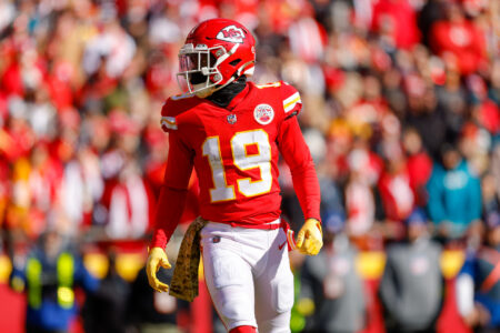 Kadarius Toney #19 of the Kansas City Chiefs lines up for a first quarter plays against the Jacksonville Jaguars at Arrowhead Stadium on November 13, 2022 in Kansas City, Missouri.