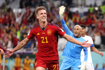 Dani Olmo of Spain celebrates after scoring their team's first goal during the FIFA World Cup Qatar 2022 Group E match between Spain and Costa Rica at Al Thumama Stadium on November 23, 2022 in Doha, Qatar.