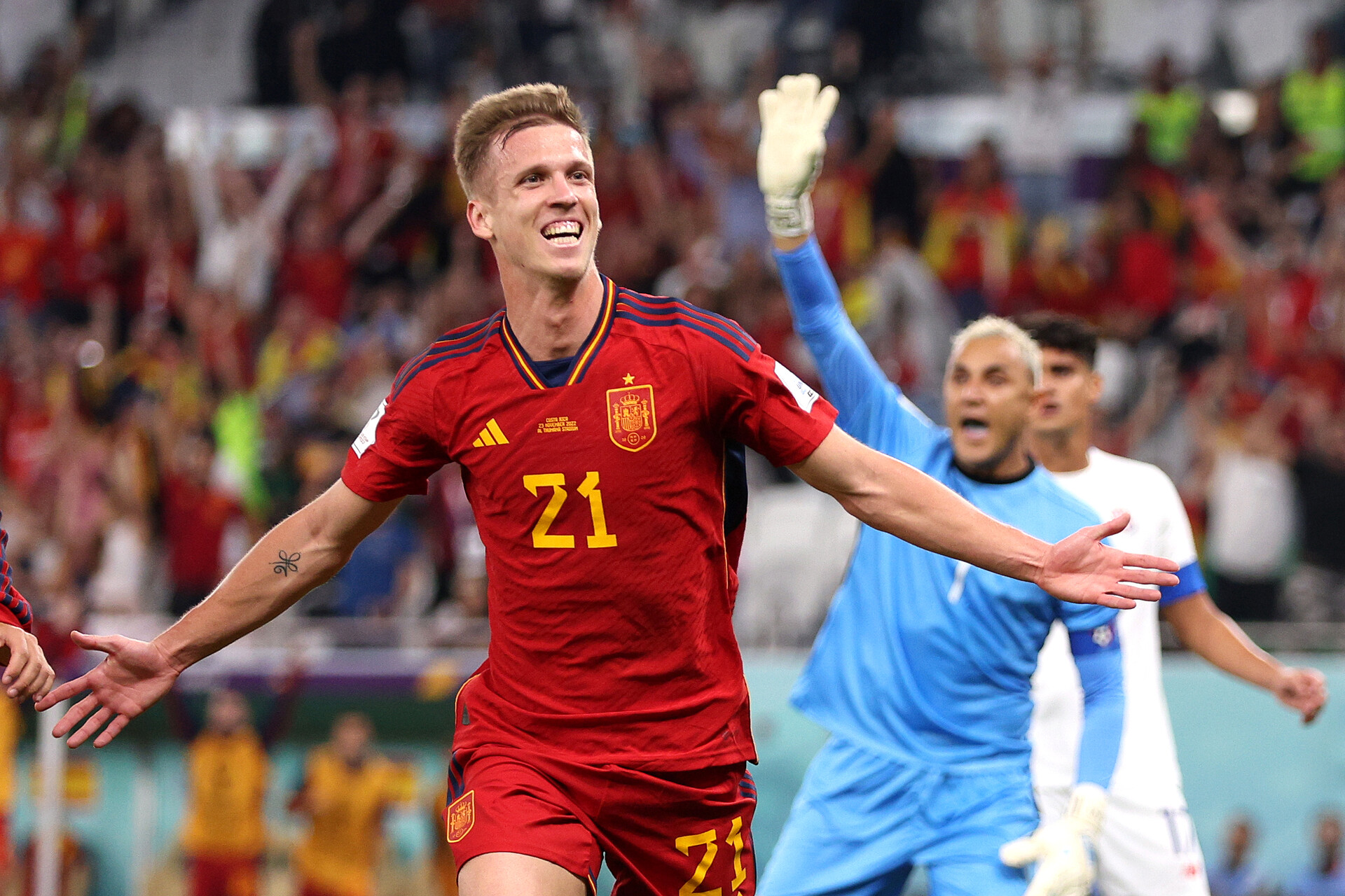 Dani Olmo of Spain celebrates after scoring their team's first goal during the FIFA World Cup Qatar 2022 Group E match between Spain and Costa Rica at Al Thumama Stadium on November 23, 2022 in Doha, Qatar.