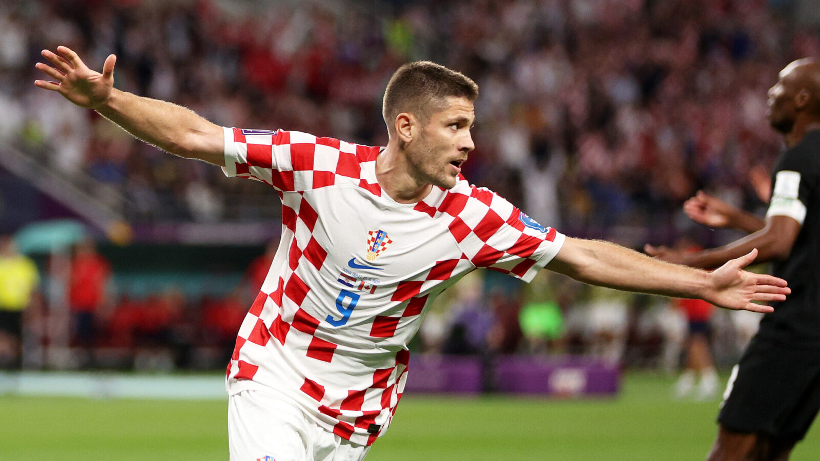 Andrej Kramaric of Croatia celebrates after scoring their team's first goal during the FIFA World Cup Qatar 2022 Group F match between Croatia and Canada at Khalifa International Stadium on November 27, 2022 in Doha, Qatar.