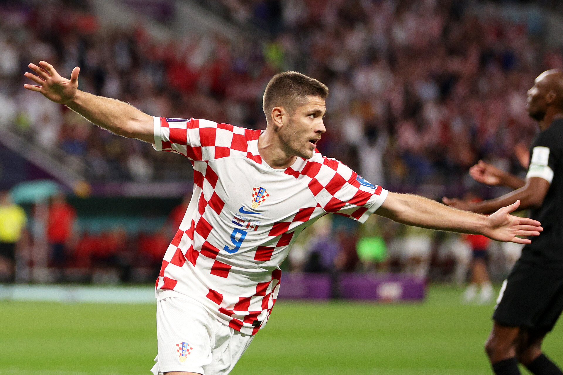 Andrej Kramaric of Croatia celebrates after scoring their team's first goal during the FIFA World Cup Qatar 2022 Group F match between Croatia and Canada at Khalifa International Stadium on November 27, 2022 in Doha, Qatar.