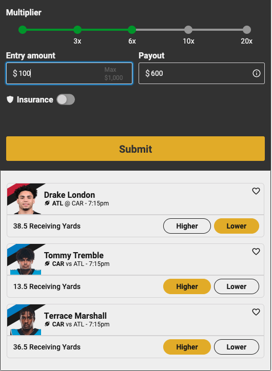 Screenshot of Panthers vs. Falcons player props at Underdog Fantasy.