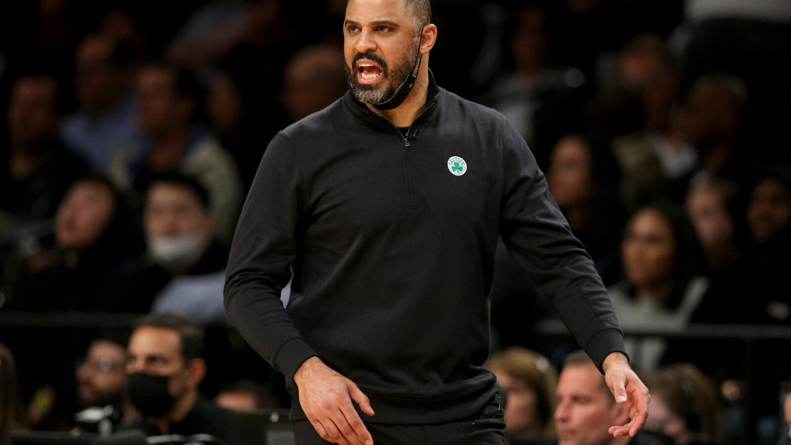 Boston Celtics head coach Ime Udoka coaches against the Brooklyn Nets during the second quarter of game four of the first round of the 2022 NBA playoffs at Barclays Center.