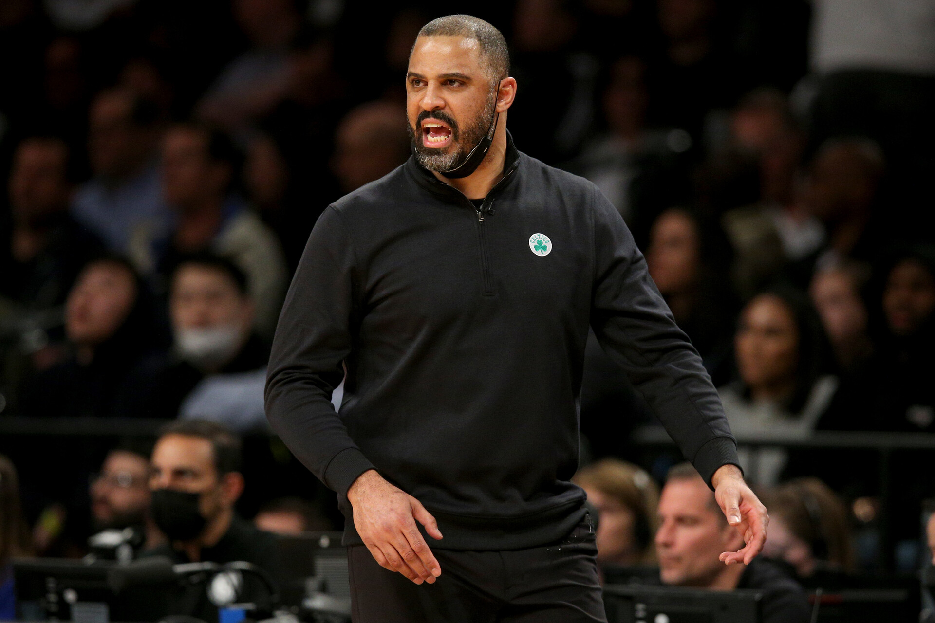 Boston Celtics head coach Ime Udoka coaches against the Brooklyn Nets during the second quarter of game four of the first round of the 2022 NBA playoffs at Barclays Center.