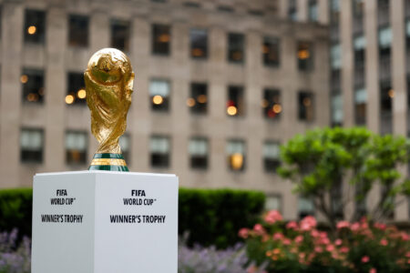 Jun 16, 2022; New York, New York, USA; The FIFA World Cup Trophy sits on a stand outside of 30 Rockefeller Plaza.