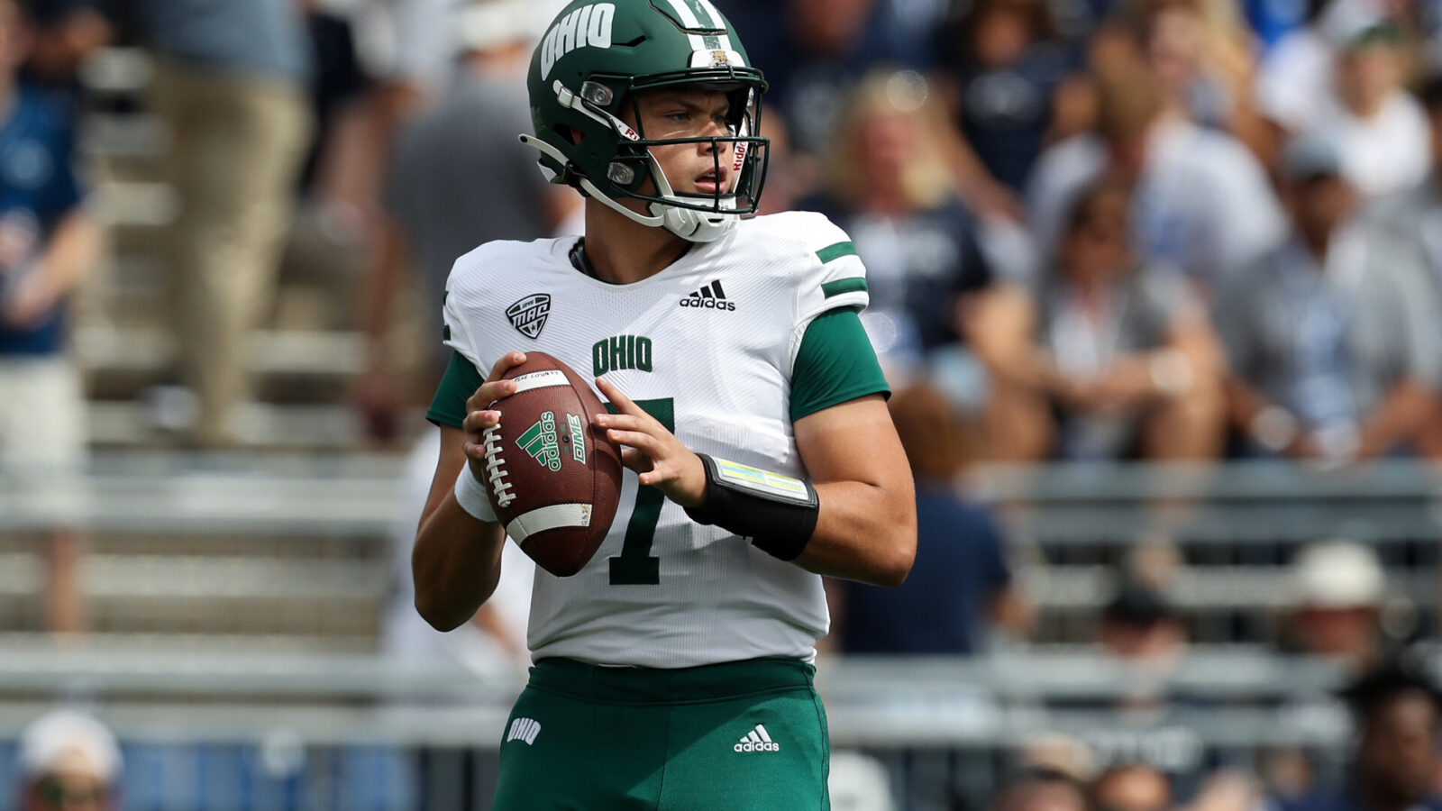 Sep 10, 2022; University Park, Pennsylvania, USA; Ohio Bobcats quarterback Kurtis Rourke (7) drops back in the pocket during the first quarter against the Penn State Nittany Lions at Beaver Stadium.