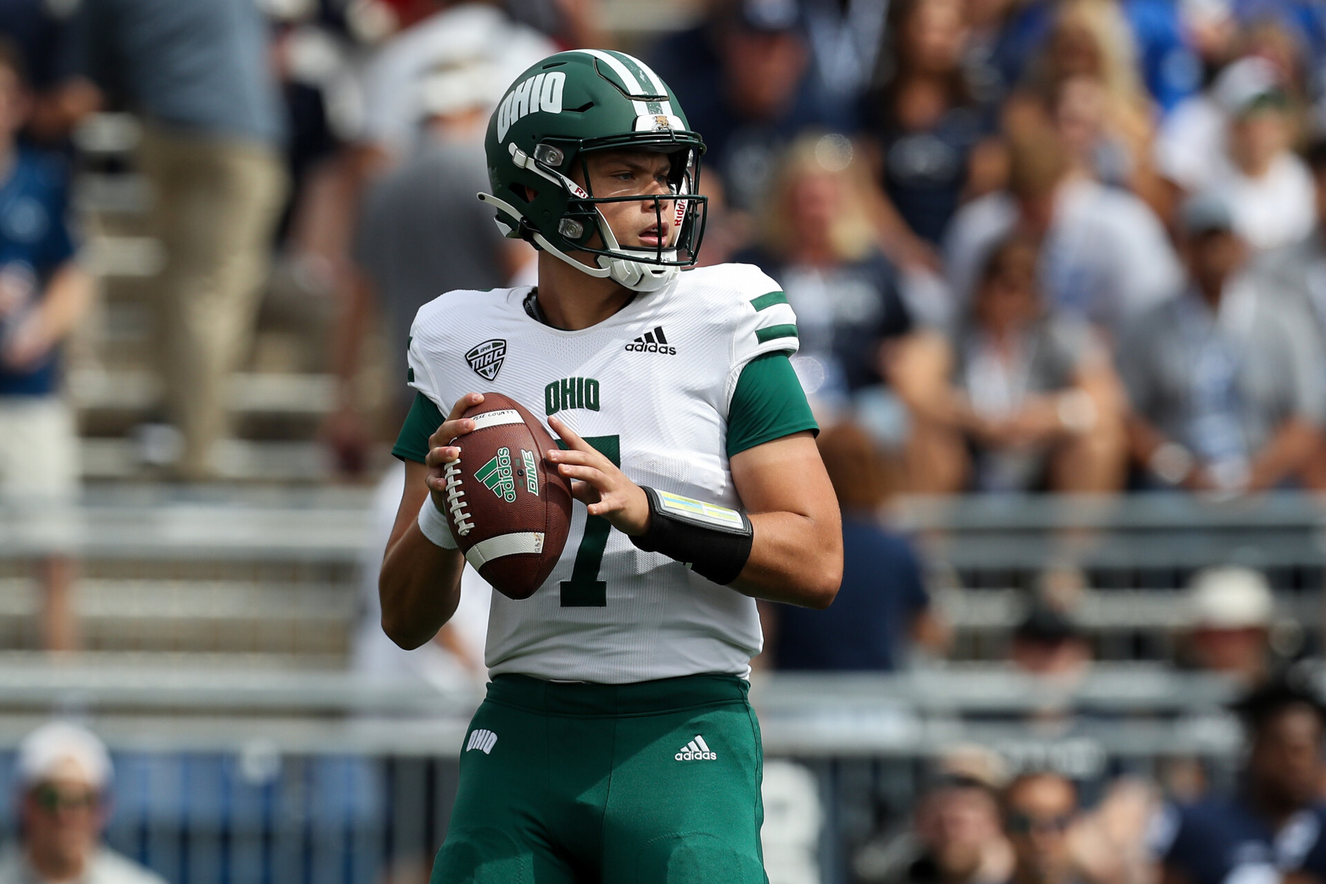 Sep 10, 2022; University Park, Pennsylvania, USA; Ohio Bobcats quarterback Kurtis Rourke (7) drops back in the pocket during the first quarter against the Penn State Nittany Lions at Beaver Stadium.