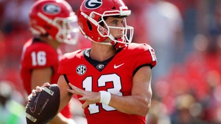 Georgia Bulldogs quarterback Stetson Bennett (13) warms up before the start of a NCAA college football game between Auburn and Georgia in Athens, Ga., on Saturday, Oct. 8, 2022. News Joshua L Jones